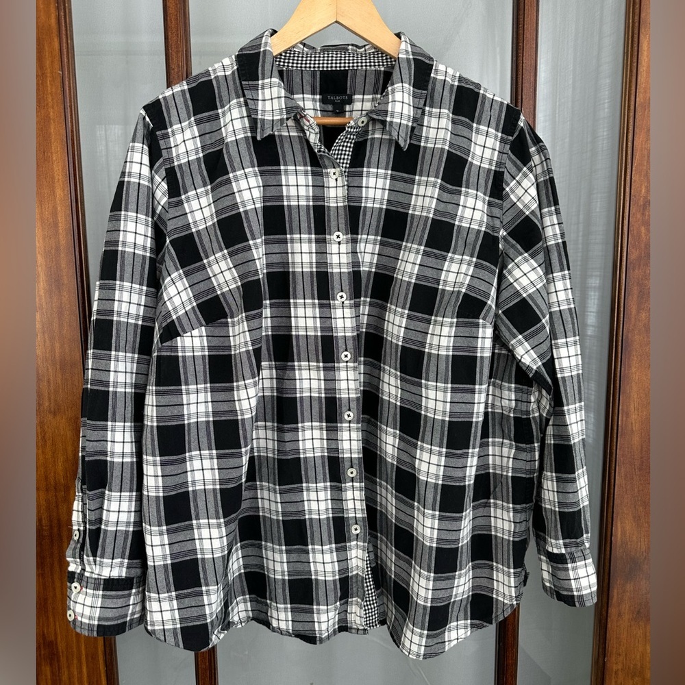 Talbots Plus 2X Shirt Womens Flannel‎ Button Black White Plaid Checkered Casual